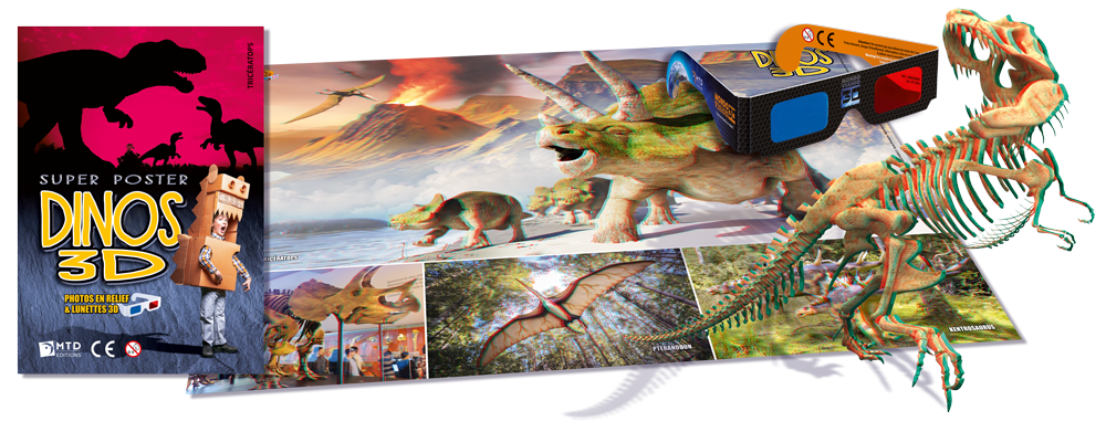 Poster 3D dinosaures, anaglyphes
